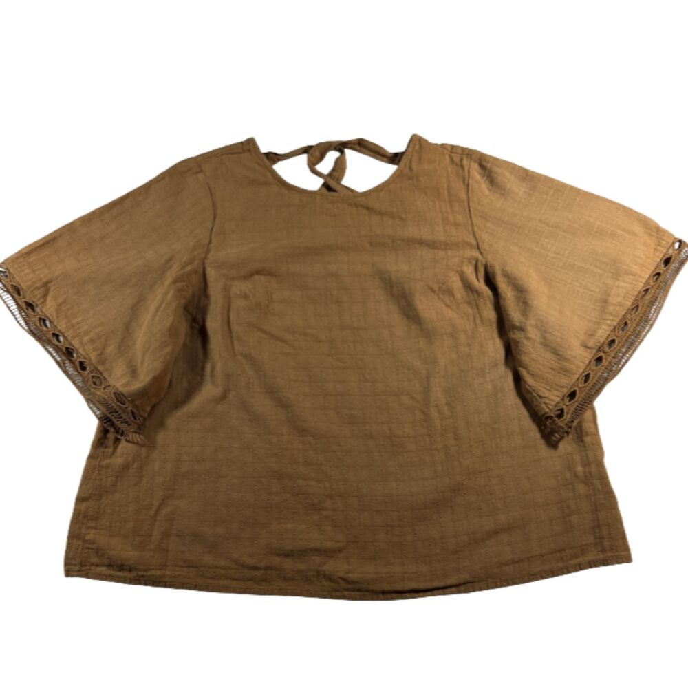 Women's Sweet Salt Boho Flutter Sleeve Tie Neck Clay Textured Blouse L